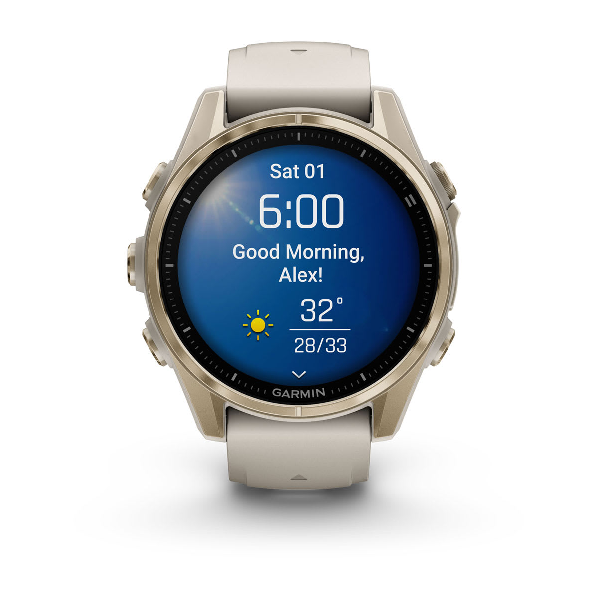 fēnix® 8 – 43 mm, AMOLED Sapphire, Soft Gold with Fog Gray/Dark Sandstone Silicone Band - Image 2