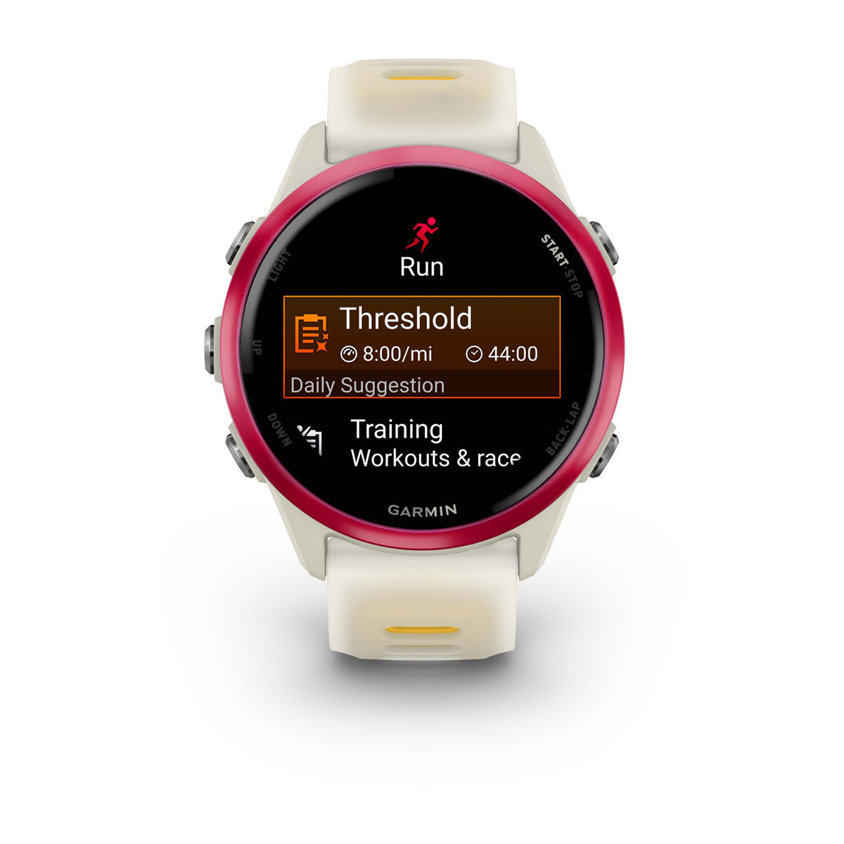 Forerunner® 570 - 42mm Raspberry Aluminum with Translucent Bone/Mango Band - Image 2