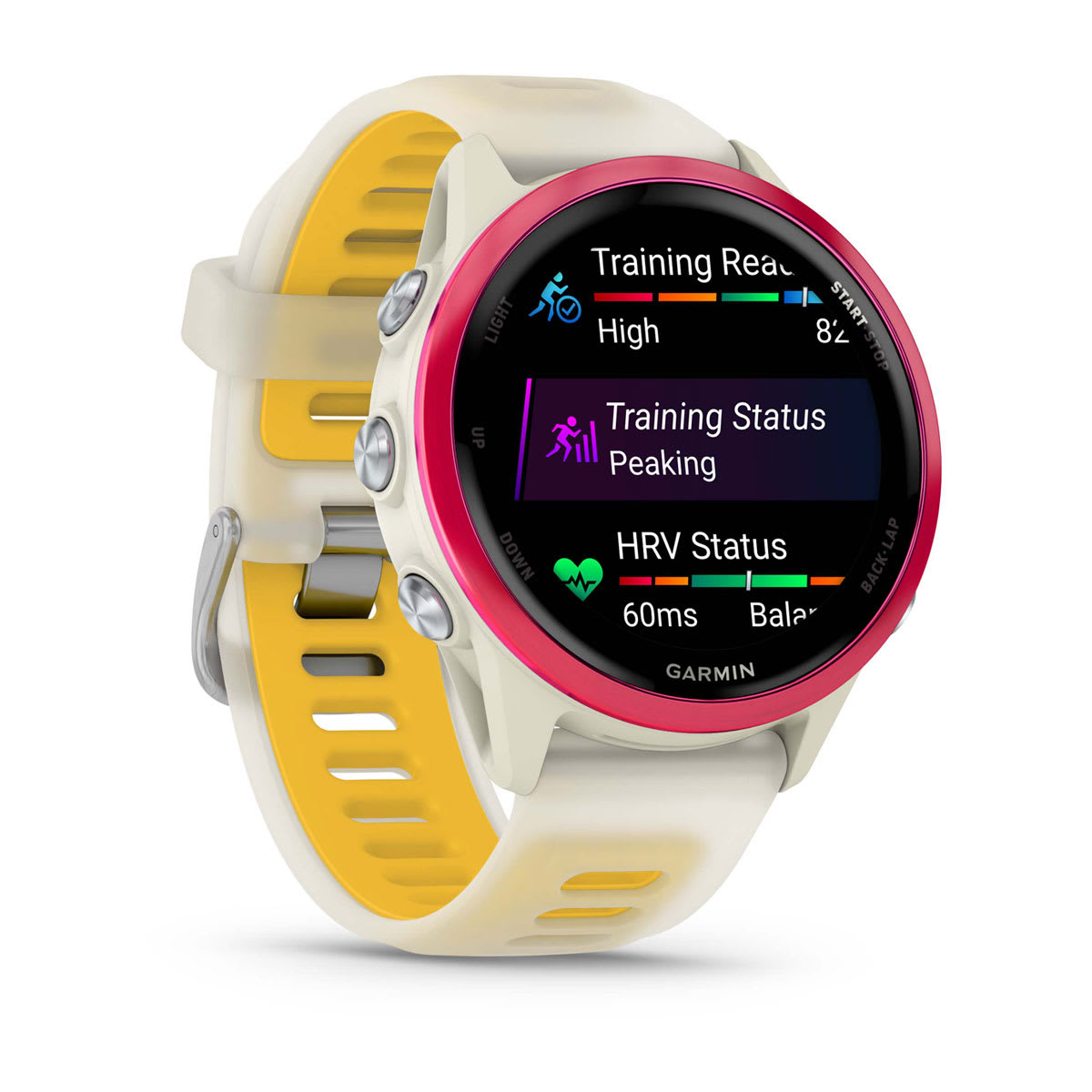 Forerunner® 570 - 42mm Raspberry Aluminum with Translucent Bone/Mango Band - Image 3