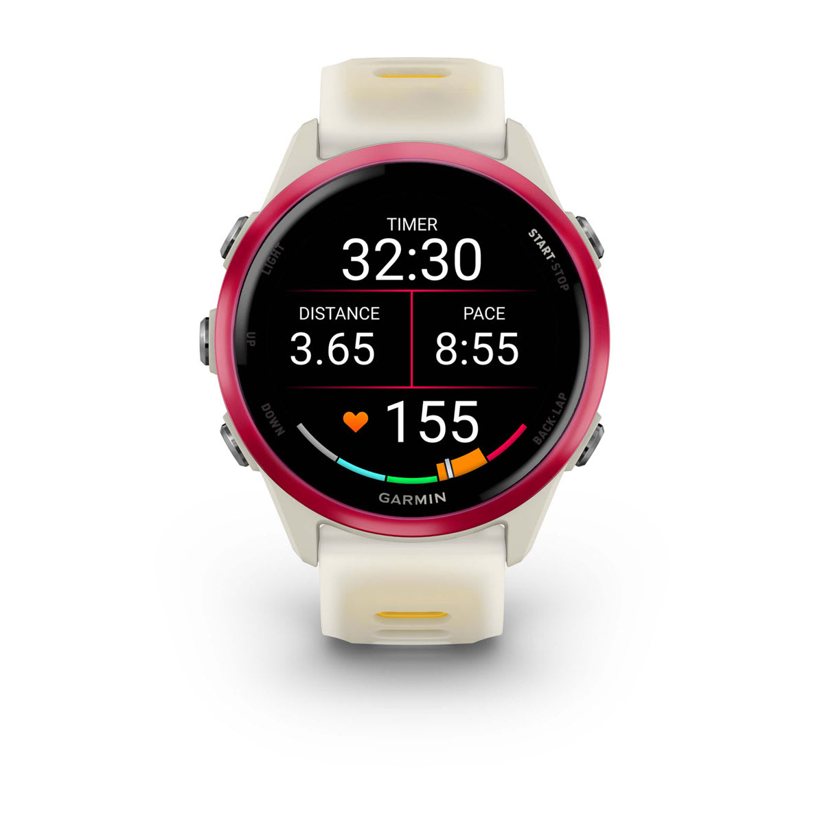 Forerunner® 570 - 42mm Raspberry Aluminum with Translucent Bone/Mango Band - Image 6
