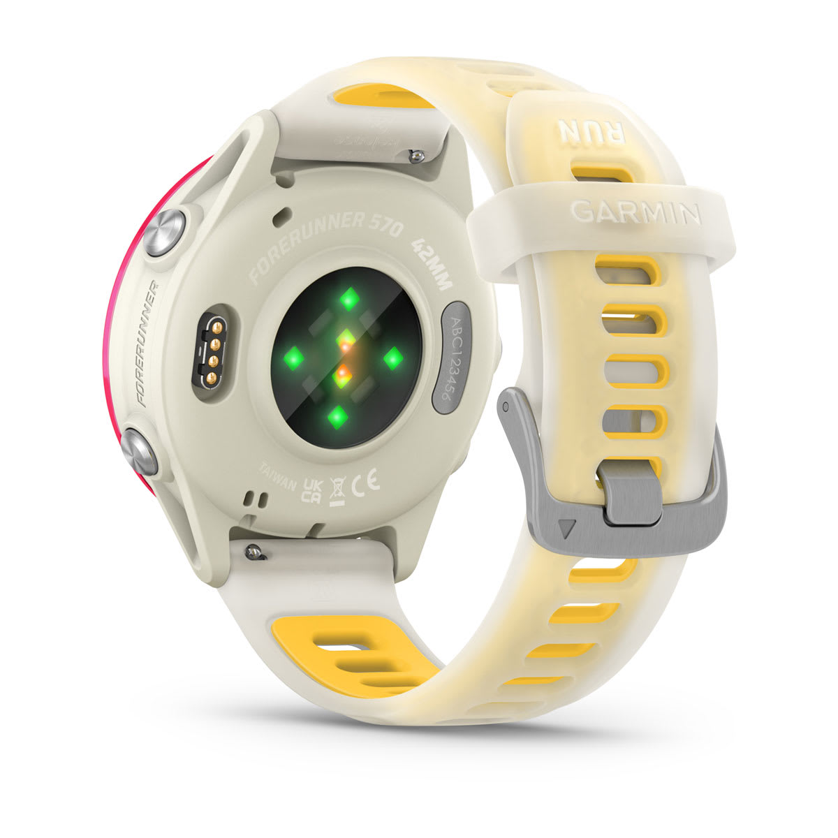 Forerunner® 570 - 42mm Raspberry Aluminum with Translucent Bone/Mango Band - Image 7
