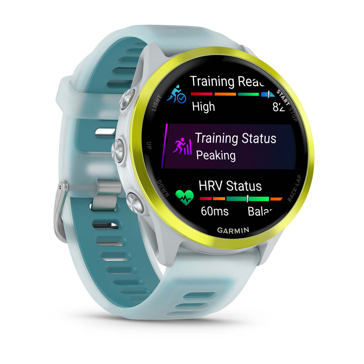 Forerunner® 570 - 47mm Amp Yellow Aluminum with Translucent Whitestone/Turquoise Band - Image 3